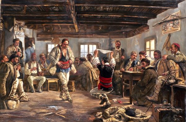 Мърквичка ръченица: мъже в носии играят в стая с дървени греди, други седят около тях Мърквичка ръченица: мъже в носии играят в стая с дървени греди, други седят около тях