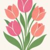 Модерна картина лалета: пет графични лалета в розово и корал със зелени стъбла на кремав фон Модерна картина лалета: пет графични лалета в розово и корал със зелени стъбла на кремав фон