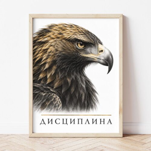 Картина с орел в профил в светла дървена рамка, облегната на бяла стена върху паркет