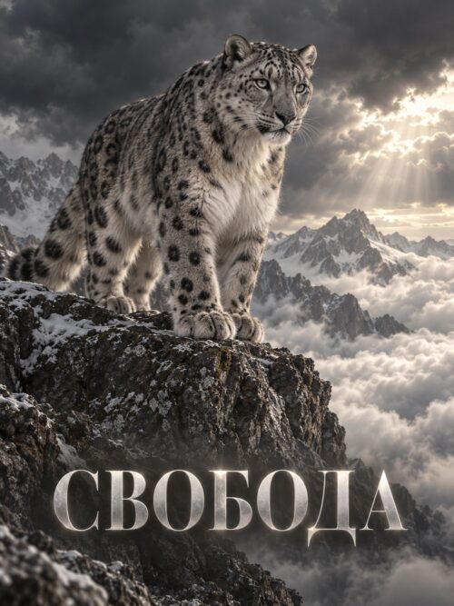 Мотивационна картина снежен леопард на заснежена скала над море от облаци и надпис СВОБОДА