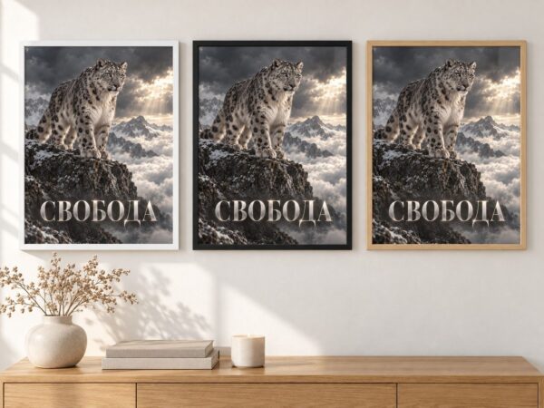 Същата картина със снежен леопард в бяла, черна и дървена рамка на стена в стая