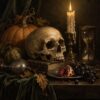 Натюрморт с череп и тикви: череп върху книга, свещ, пясъчен часовник, нар и грозде на тъмна маса Натюрморт с череп и тикви: череп върху книга, свещ, пясъчен часовник, нар и грозде на тъмна маса
