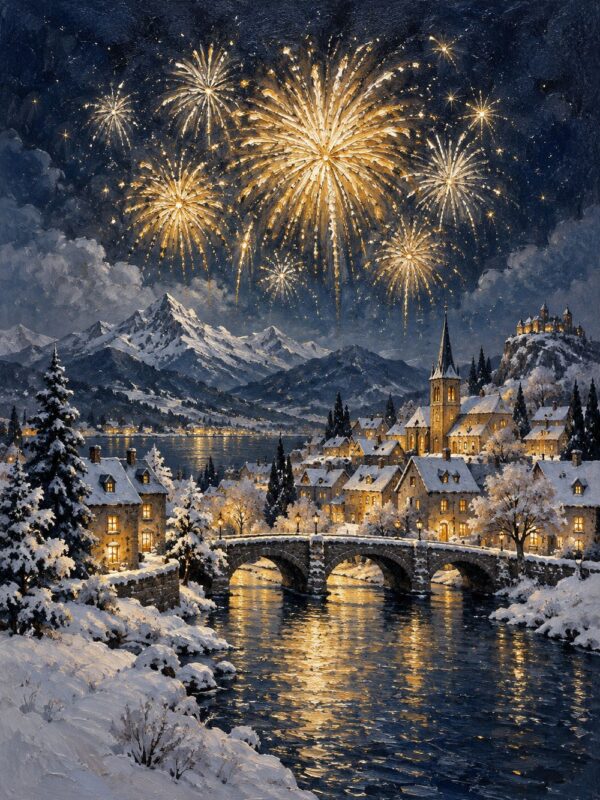 Новогодишна картина фойерверки: златни залпове над снежен град с каменен мост и река нощем