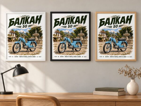 Същият постер с мопед на площад в бяла, черна и дървена рамка на стена в стая Същият постер с мопед на площад в бяла, черна и дървена рамка на стена в стая