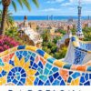Постер Барселона мозайка в синьо и жълто, палми, кула и надпис „BARCELONA“