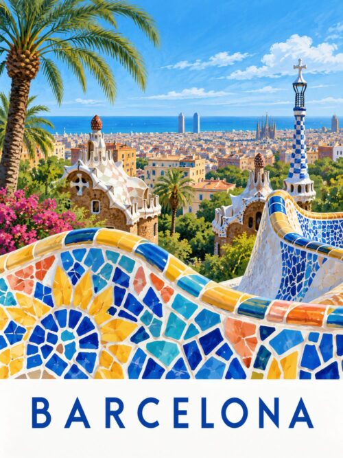 Постер Барселона мозайка в синьо и жълто, палми, кула и надпис „BARCELONA“ Постер Барселона мозайка в синьо и жълто, палми, кула и надпис „BARCELONA“