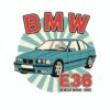 Постер BMW E36: синьо-зелен седан пред слънчеви лъчи и червени букви Постер BMW E36: синьо-зелен седан пред слънчеви лъчи и червени букви