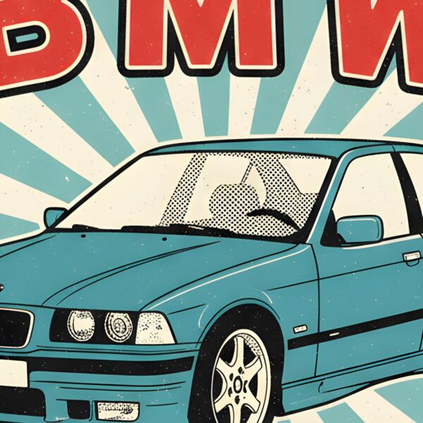 Детайл отблизо: Постер BMW E36: синьо-зелен седан пред слънчеви лъчи и червени букви Детайл отблизо: Постер BMW E36: синьо-зелен седан пред слънчеви лъчи и червени букви