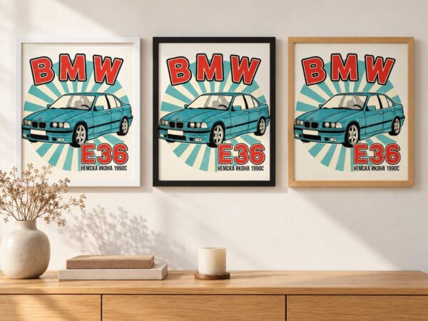 Същият постер с BMW E36 в бяла, черна и дървена рамка на стена в стая Същият постер с BMW E36 в бяла, черна и дървена рамка на стена в стая
