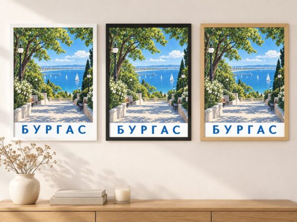 Същият постер с Бургас в бяла, черна и дървена рамка на стена в стая