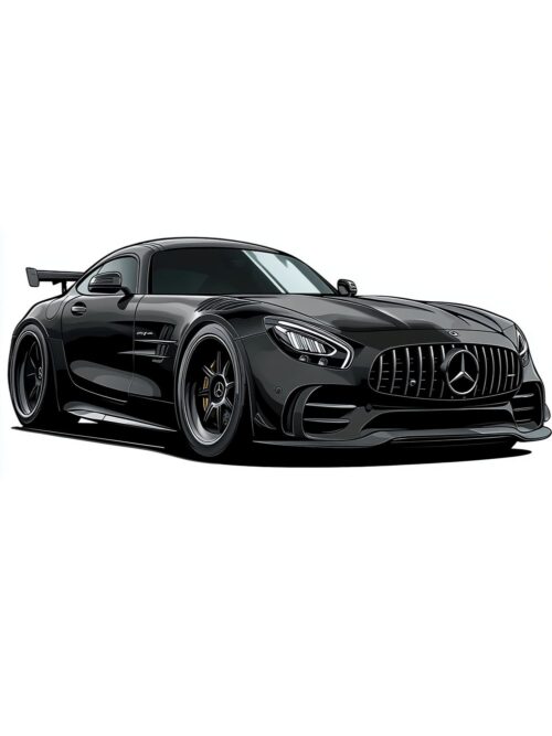 Постер черен Mercedes-AMG GT R: ниско спортно купе с голямо задно крило на бял фон
