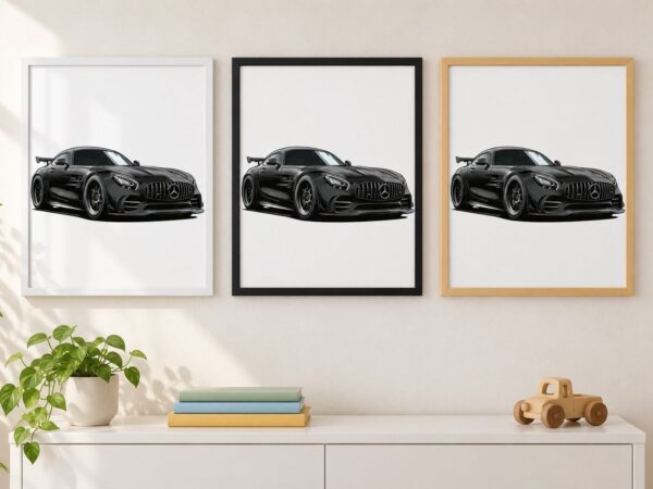 Същият постер с Mercedes-AMG GT R в бяла, черна и дървена рамка на стена в стая Същият постер с Mercedes-AMG GT R в бяла, черна и дървена рамка на стена в стая