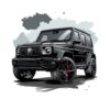 Постер черен Mercedes G-Class: черен джип отпред отляво със сиви мастилени петна на бял фон