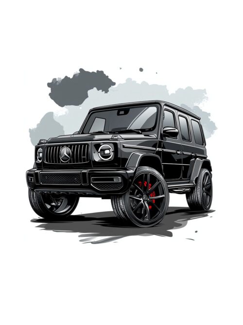 Постер черен Mercedes G-Class: черен джип отпред отляво със сиви мастилени петна на бял фон