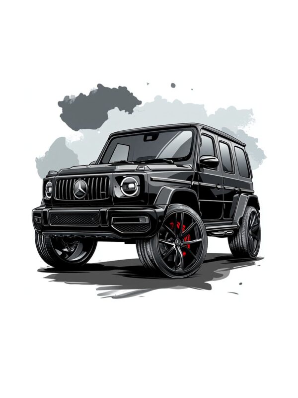Постер черен Mercedes G-Class: черен джип отпред отляво със сиви мастилени петна на бял фон