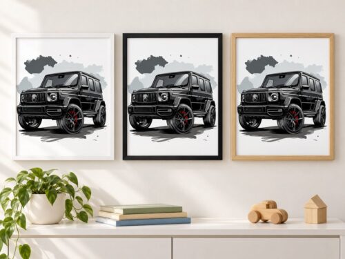Същият постер с Mercedes G-Class в бяла, черна и дървена рамка на стена в стая