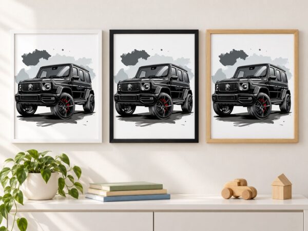 Същият постер с Mercedes G-Class в бяла, черна и дървена рамка на стена в стая