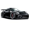 Постер черен Porsche 911 GT3: черно спортно купе с голямо задно крило и червени спирачни апарати на бял фон Постер черен Porsche 911 GT3: черно спортно купе с голямо задно крило и червени спирачни апарати на бял фон