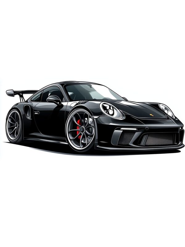 Постер черен Porsche 911 GT3: черно спортно купе с голямо задно крило и червени спирачни апарати на бял фон Постер черен Porsche 911 GT3: черно спортно купе с голямо задно крило и червени спирачни апарати на бял фон