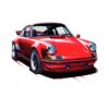 Постер червен ретро Porsche 911: класическо червено купе с кръгли фарове и червени линии по земята на бял фон Постер червен ретро Porsche 911: класическо червено купе с кръгли фарове и червени линии по земята на бял фон
