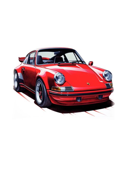 Постер червен ретро Porsche 911: класическо червено купе с кръгли фарове и червени линии по земята на бял фон