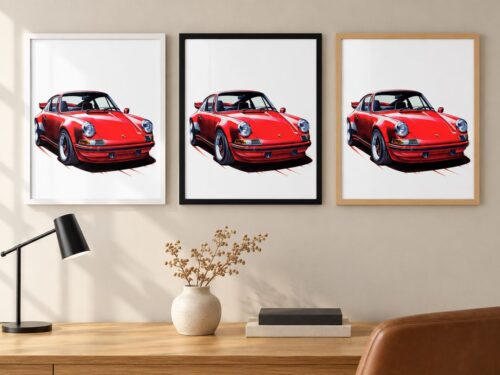Същият постер с ретро Porsche 911 в бяла, черна и дървена рамка на стена в стая