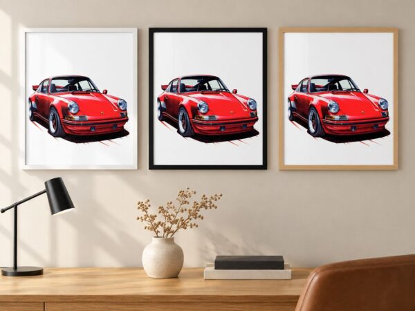 Същият постер с ретро Porsche 911 в бяла, черна и дървена рамка на стена в стая Същият постер с ретро Porsche 911 в бяла, черна и дървена рамка на стена в стая