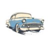 Постер Chevrolet Bel Air: ретро автомобил в синьо и крем с кръгли фарове и бели гуми на бял фон