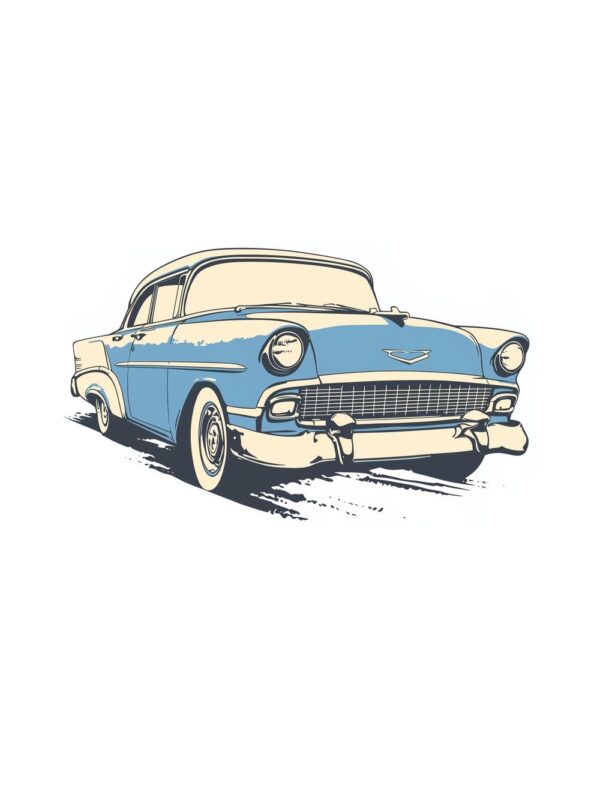 Постер Chevrolet Bel Air: ретро автомобил в синьо и крем с кръгли фарове и бели гуми на бял фон