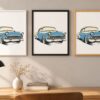 Същият постер с Chevrolet Bel Air в бяла, черна и дървена рамка на стена в стая