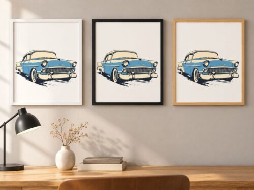 Същият постер с Chevrolet Bel Air в бяла, черна и дървена рамка на стена в стая