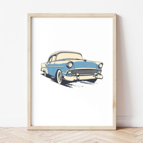 Постер със синьо ретро Chevrolet Bel Air в светла дървена рамка, облегнат на бяла стена върху паркет