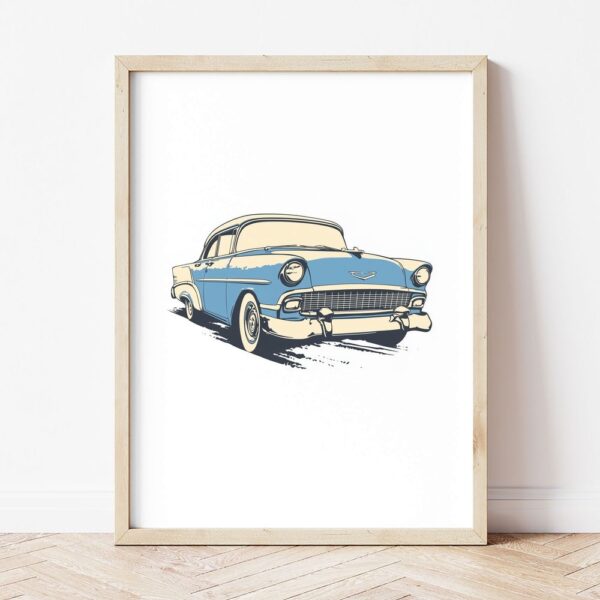 Постер със синьо ретро Chevrolet Bel Air в светла дървена рамка, облегнат на бяла стена върху паркет