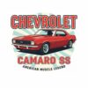 Постер Chevrolet Camaro SS: червено купе в кръг от светлосини слънчеви лъчи Постер Chevrolet Camaro SS: червено купе в кръг от светлосини слънчеви лъчи