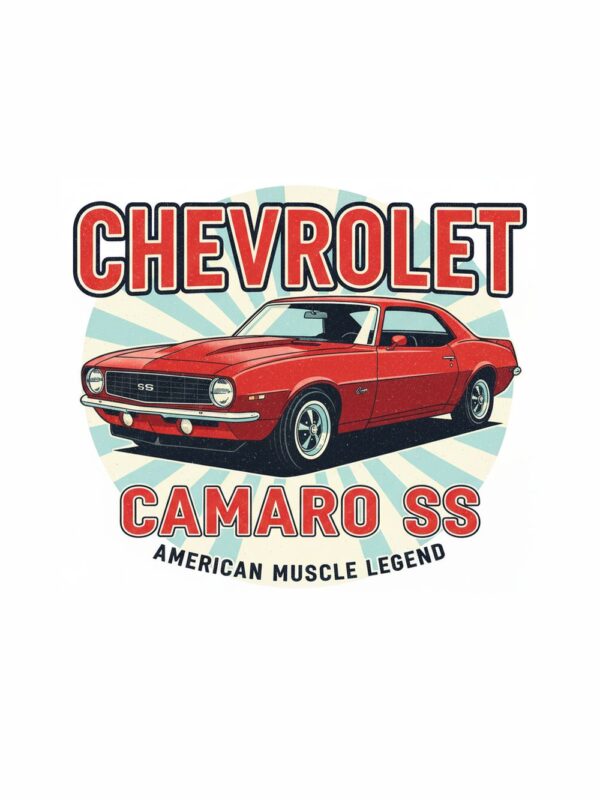 Постер Chevrolet Camaro SS: червено купе в кръг от светлосини слънчеви лъчи Постер Chevrolet Camaro SS: червено купе в кръг от светлосини слънчеви лъчи