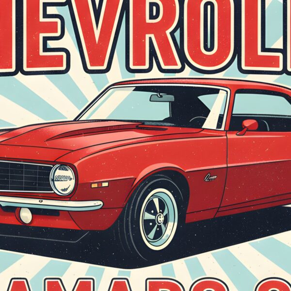 Детайл отблизо: Постер Chevrolet Camaro SS: червено купе в кръг от светлосини слънчеви лъчи Детайл отблизо: Постер Chevrolet Camaro SS: червено купе в кръг от светлосини слънчеви лъчи