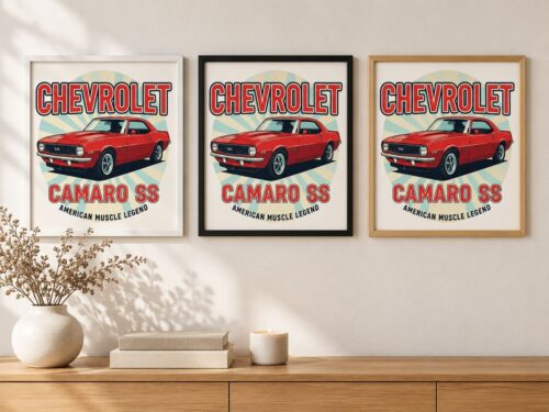 Същият постер с Chevrolet Camaro SS в бяла, черна и дървена рамка на стена в стая