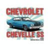 Постер Chevrolet Chevelle SS: синьо купе с две черни ивици пред слънчеви лъчи Постер Chevrolet Chevelle SS: синьо купе с две черни ивици пред слънчеви лъчи