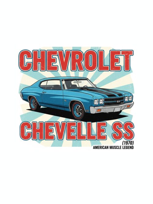Постер Chevrolet Chevelle SS: синьо купе с две черни ивици пред слънчеви лъчи