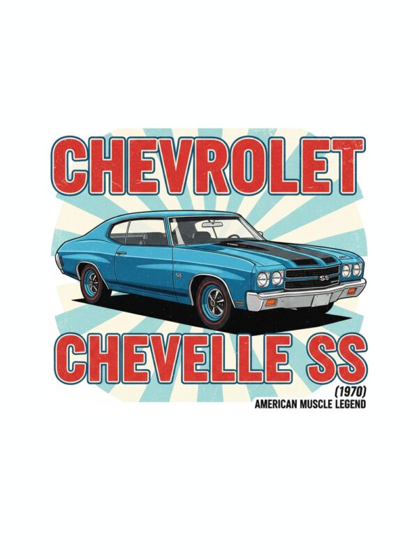 Постер Chevrolet Chevelle SS: синьо купе с две черни ивици пред слънчеви лъчи Постер Chevrolet Chevelle SS: синьо купе с две черни ивици пред слънчеви лъчи