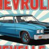 Детайл отблизо: Постер Chevrolet Chevelle SS: синьо купе с две черни ивици пред слънчеви лъчи Детайл отблизо: Постер Chevrolet Chevelle SS: синьо купе с две черни ивици пред слънчеви лъчи