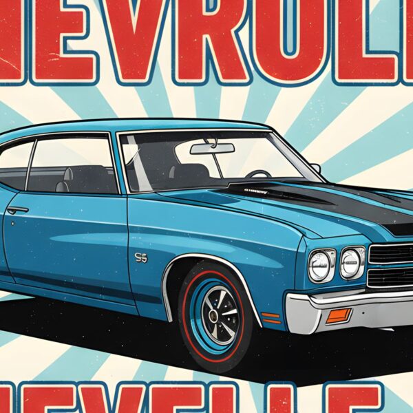 Детайл отблизо: Постер Chevrolet Chevelle SS: синьо купе с две черни ивици пред слънчеви лъчи Детайл отблизо: Постер Chevrolet Chevelle SS: синьо купе с две черни ивици пред слънчеви лъчи