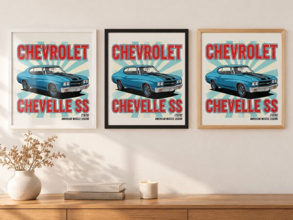 Същият постер с Chevrolet Chevelle SS в бяла, черна и дървена рамка на стена в стая Същият постер с Chevrolet Chevelle SS в бяла, черна и дървена рамка на стена в стая