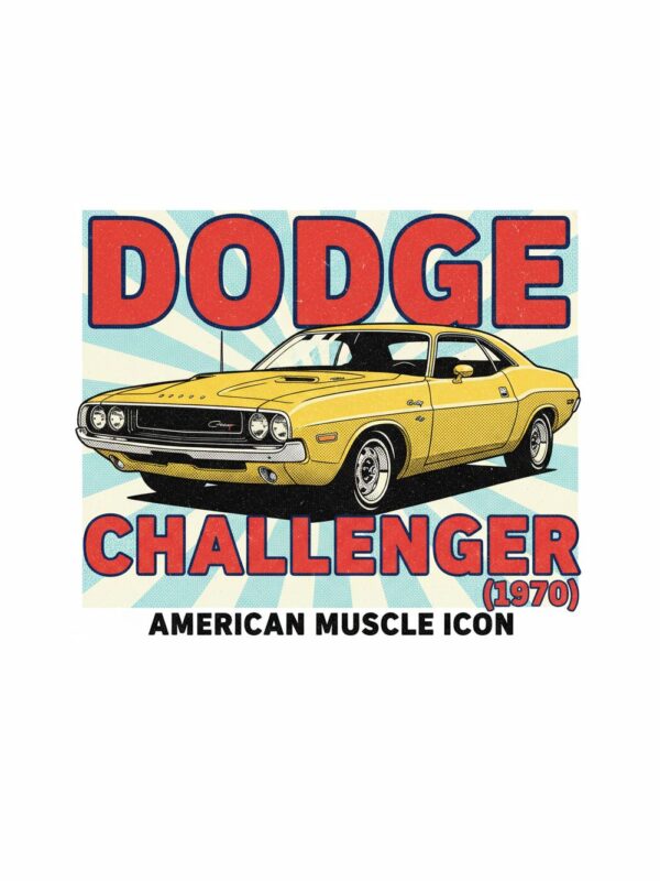 Постер Dodge Challenger 1970: жълто купе пред бледосини слънчеви лъчи Постер Dodge Challenger 1970: жълто купе пред бледосини слънчеви лъчи