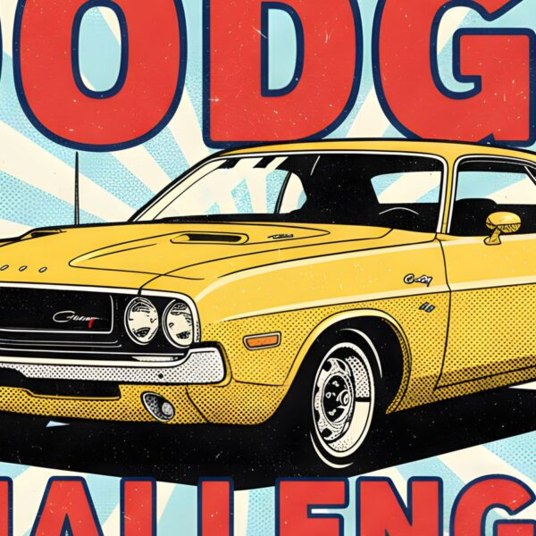 Детайл отблизо: Постер Dodge Challenger 1970: жълто купе пред бледосини слънчеви лъчи Детайл отблизо: Постер Dodge Challenger 1970: жълто купе пред бледосини слънчеви лъчи