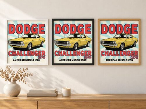 Същият постер с Dodge Challenger в бяла, черна и дървена рамка на стена в стая