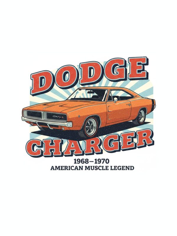 Постер Dodge Charger: оранжево купе пред слънчеви лъчи и надпис DODGE Постер Dodge Charger: оранжево купе пред слънчеви лъчи и надпис DODGE