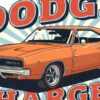 Детайл отблизо: Постер Dodge Charger: оранжево купе пред слънчеви лъчи и надпис DODGE Детайл отблизо: Постер Dodge Charger: оранжево купе пред слънчеви лъчи и надпис DODGE