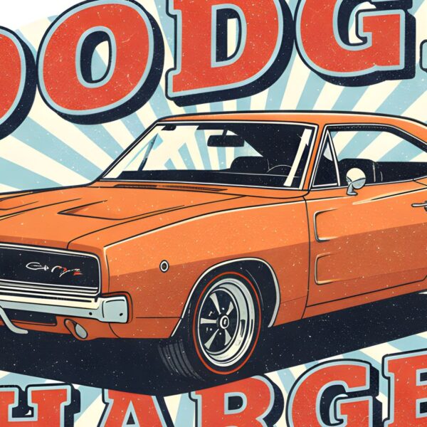 Детайл отблизо: Постер Dodge Charger: оранжево купе пред слънчеви лъчи и надпис DODGE Детайл отблизо: Постер Dodge Charger: оранжево купе пред слънчеви лъчи и надпис DODGE