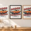 Същият постер с Dodge Charger в бяла, черна и дървена рамка на стена в стая Същият постер с Dodge Charger в бяла, черна и дървена рамка на стена в стая